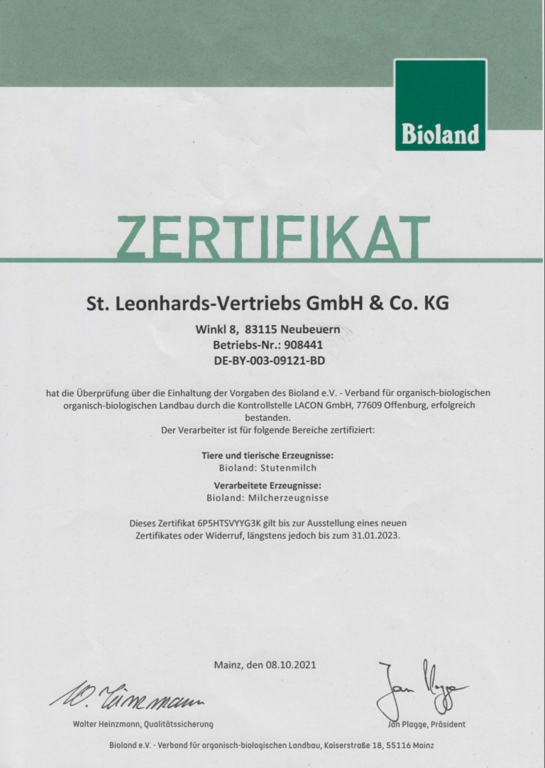 Naturkäserei St. Georg Bioland Zertifikat